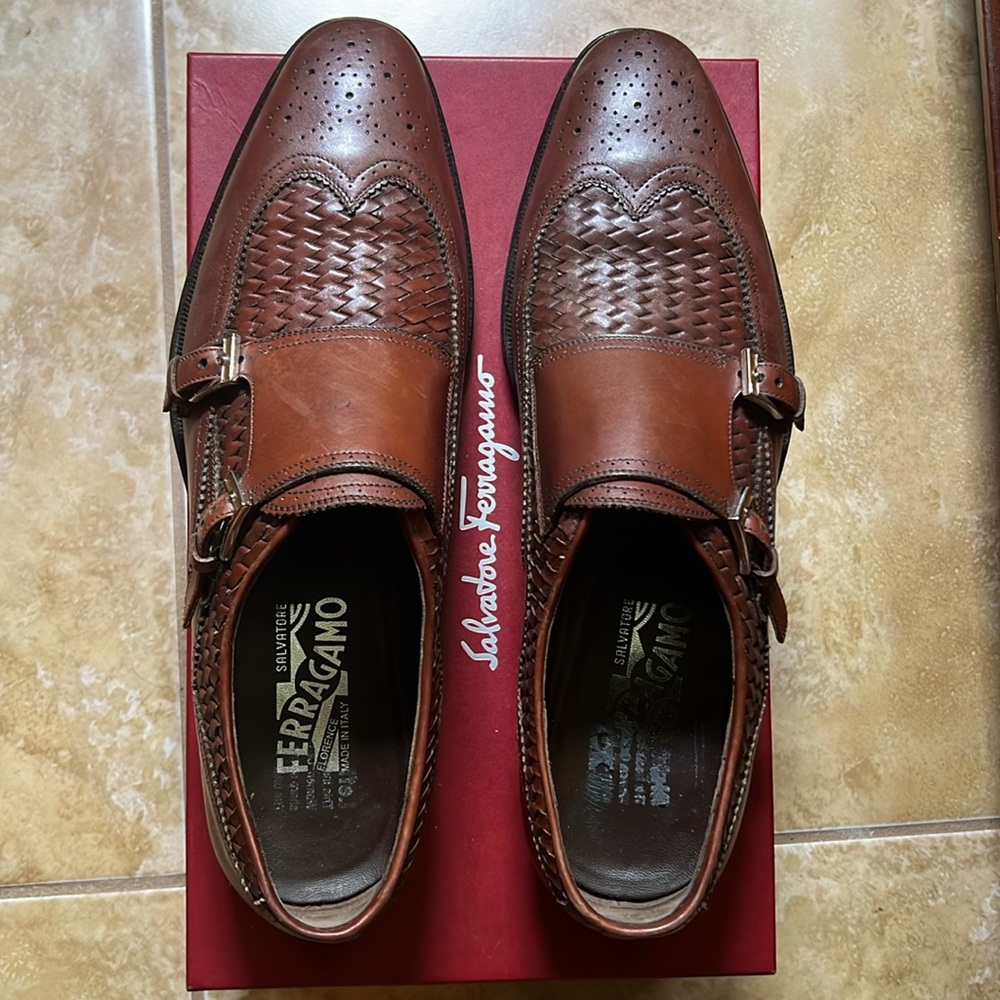 Salvatore Ferragamo Brown Woven Leather Double Monk Strap, Re-Soled, Size 10 - Picture 9 of 9